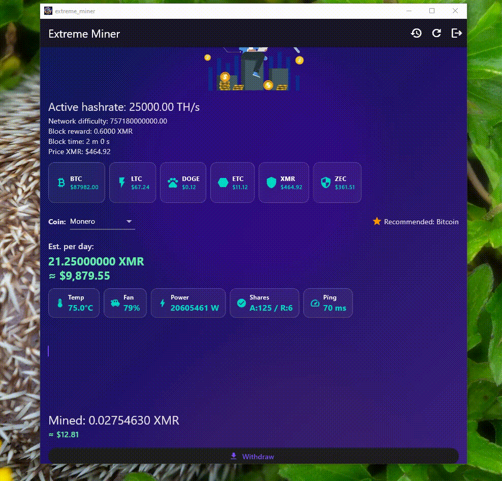 Extreme Miner desktop application preview